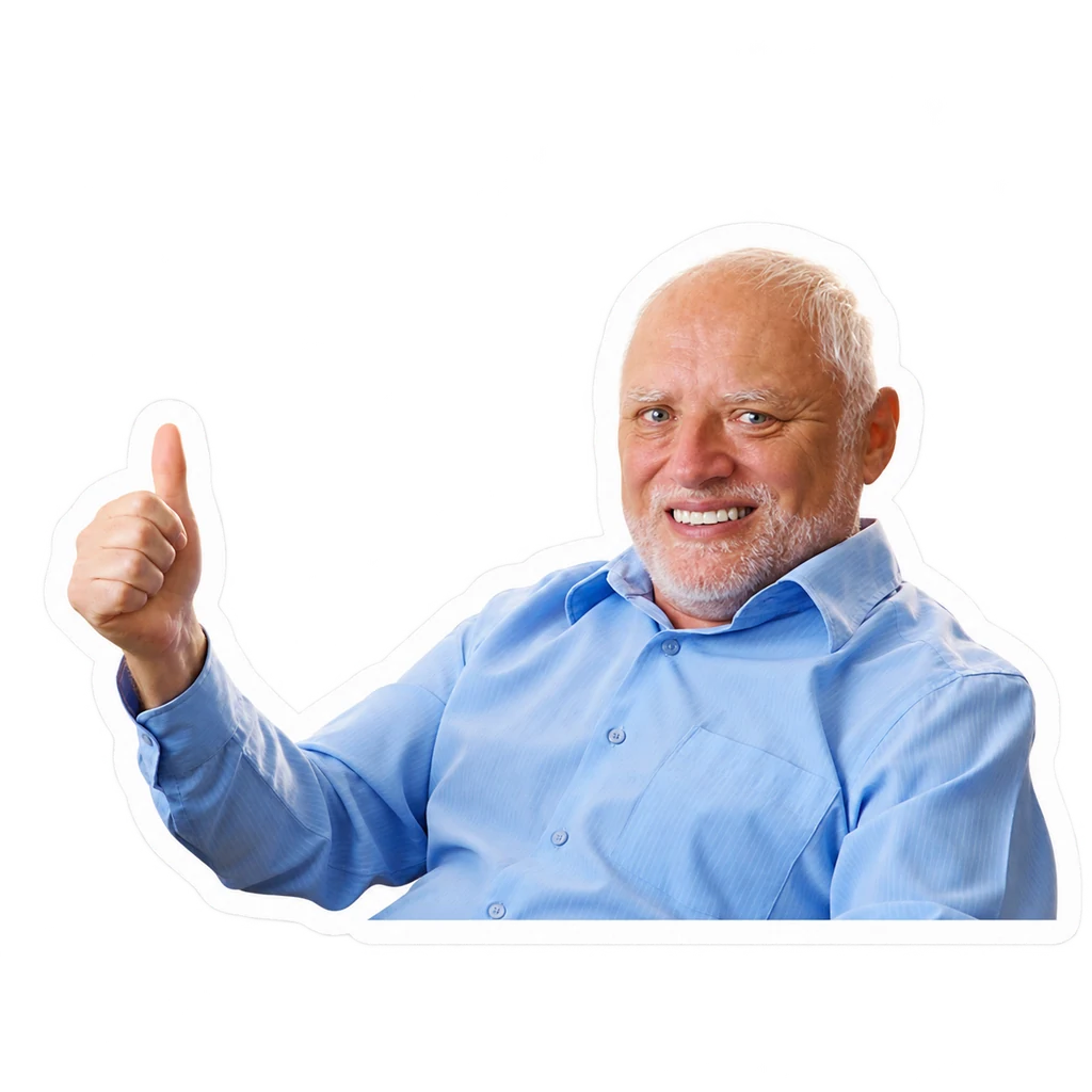 Sticker d’un homme souriant en chemise bleue, pouce levé, avec une bordure blanche